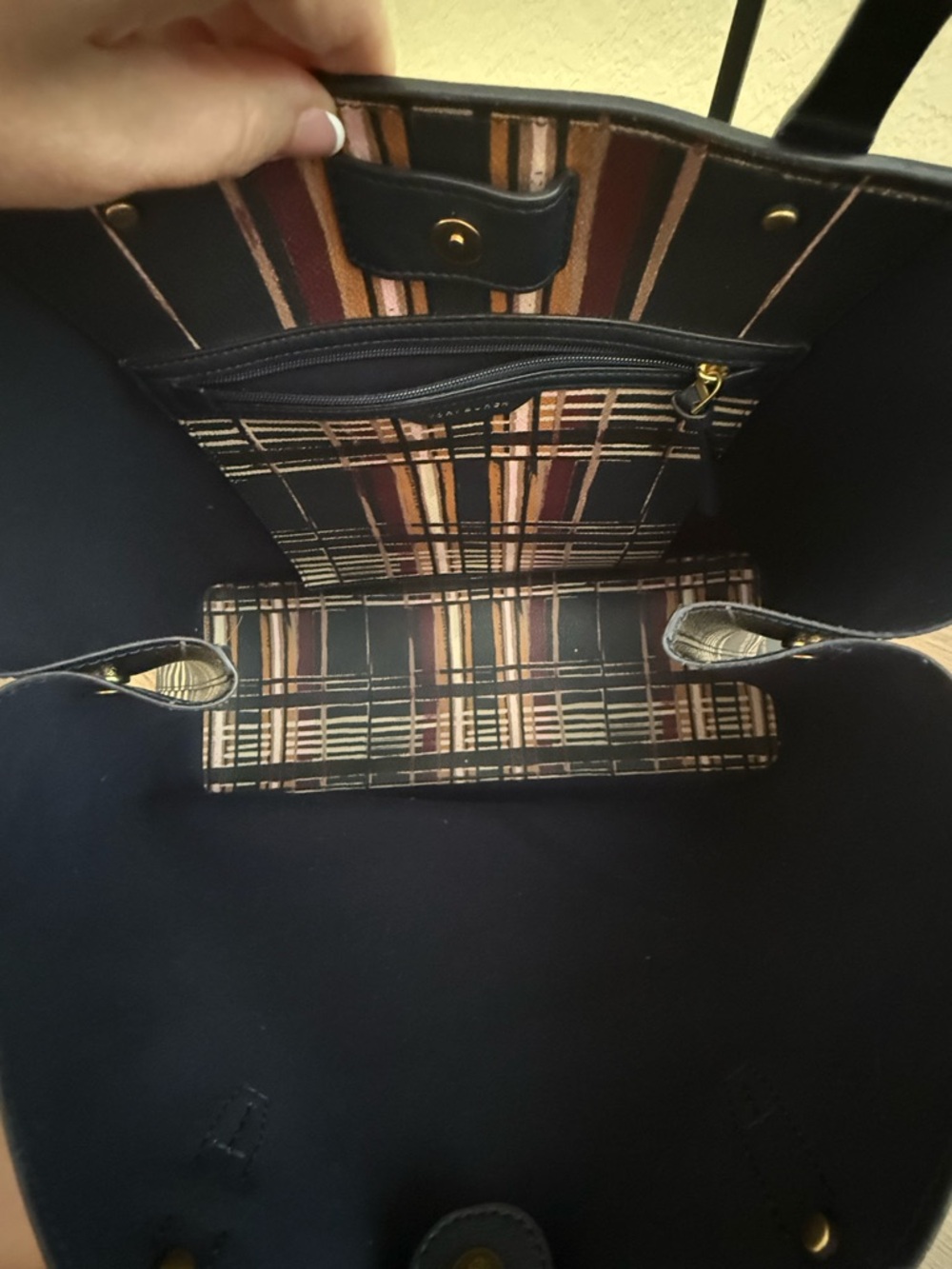 Tory Burch Navy Plaid Tote with Multicolor Stripes - Picture 5 of 5